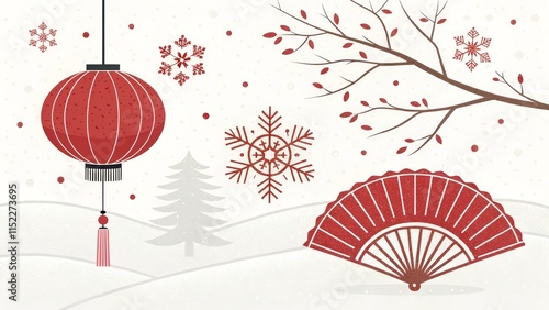 Winter Asian Festive Scene - Red lantern, fan, snowflakes, winter tree, festive Asian winter. Symbolizes tradition, celebration, winter, peace, and beauty. photo