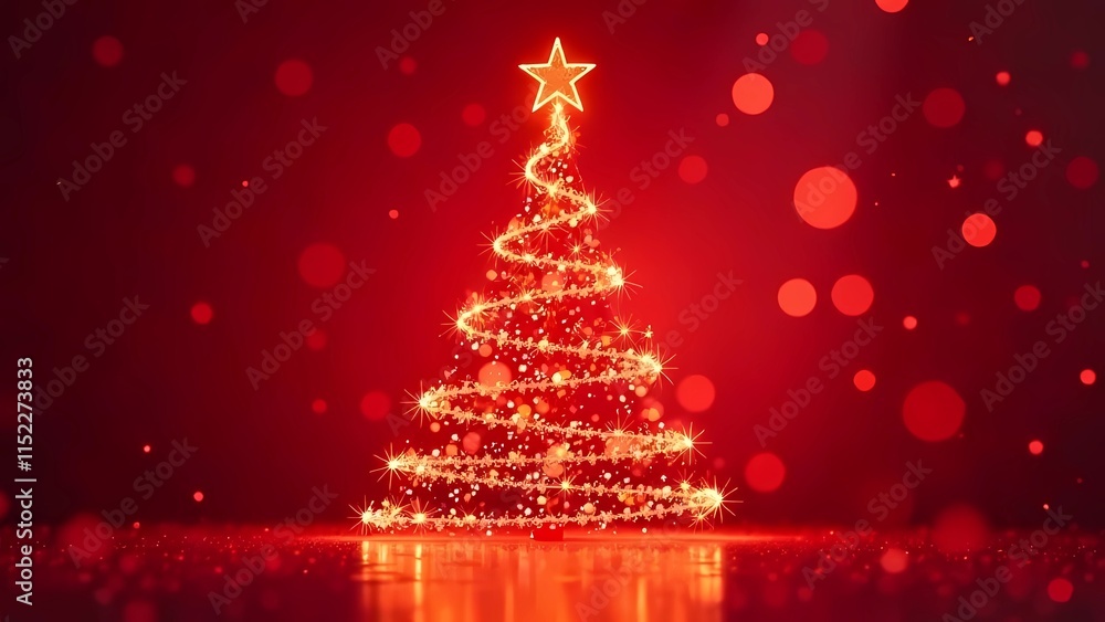 Christmas tree forming from swirling light particles on a red background Christmas tree forming from swirling light particles on a red background