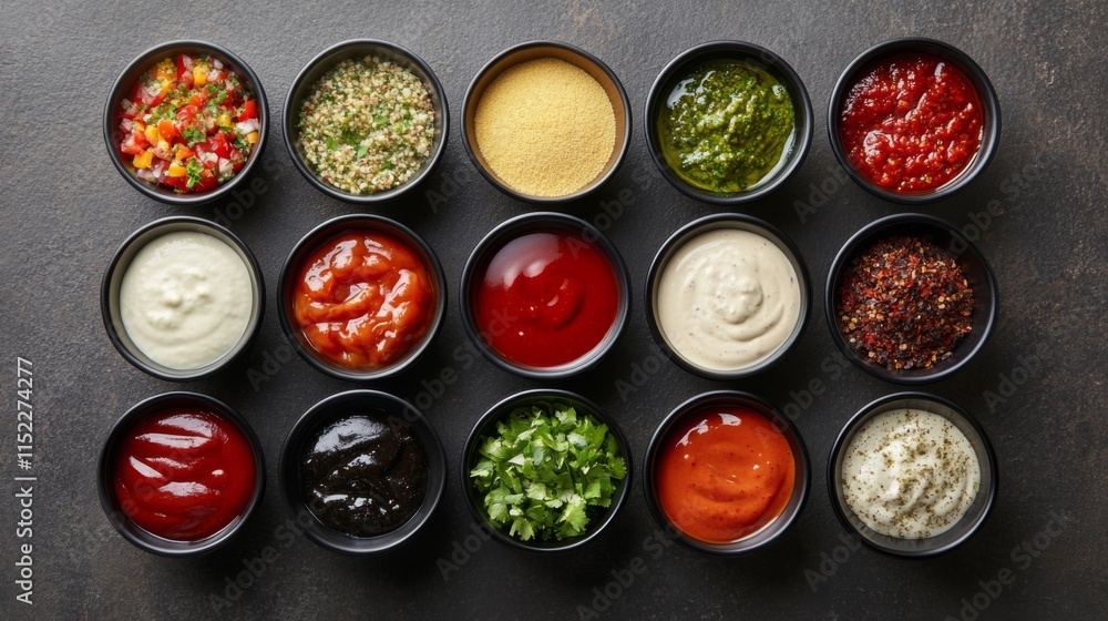 Variety of Sauces and Seasonings in High Contrast View Variety of Sauces and Seasonings in High Contrast View