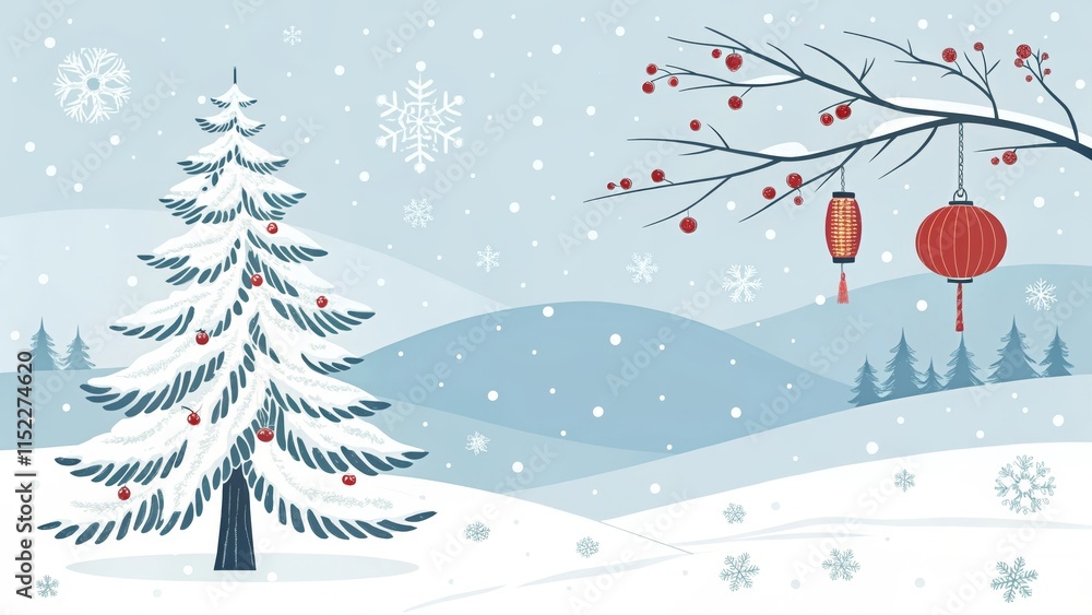 Obraz premium Minimalist Chinese Winter Christmas Scene - Snowy winter landscape, Christmas tree, red lanterns, snow-covered hills, festive atmosphere. Symbolizes peace, joy, tradition, nature, celebration.