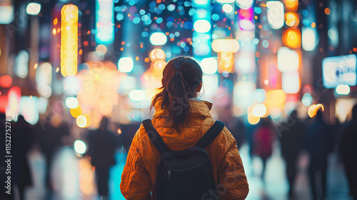 Junge Frau mit Rucksack in leuchtender Großstadt bei Nacht – urbanes Stimmungsbild zwischen Lichtern, Selbstfindung und Abenteuerlust im modernen Stadtleben