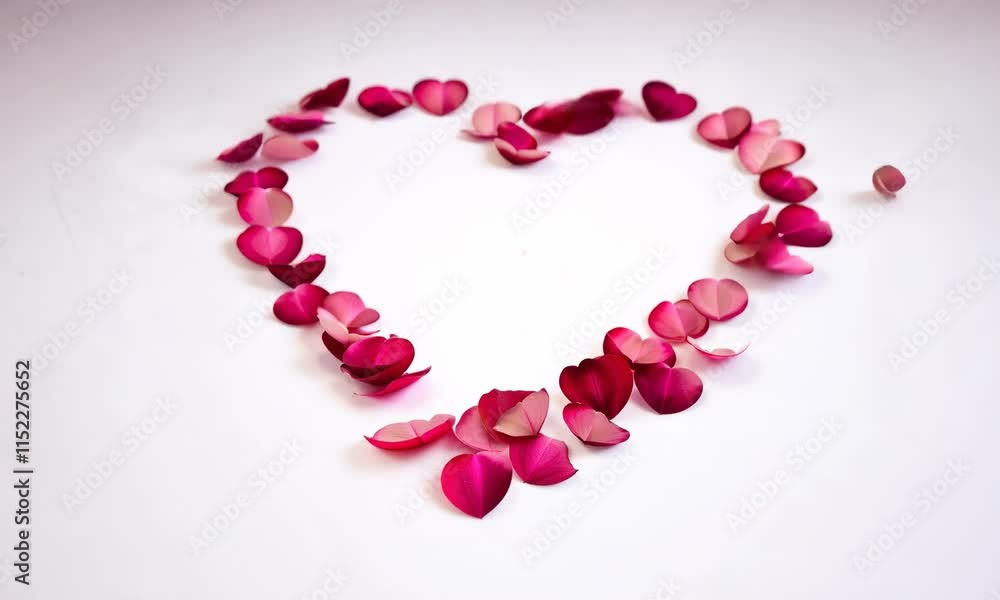 red rose petals fall on a pristine white surface, slowly forming a delicate silhouette of a heart, creating a romantic atmosphere for the celebration of love on valentine's day. red rose petals fall on a pristine white surface, slowly forming a delicate silhouette of a heart, creating a romantic atmosphere for the celebration of love on valentine's day.