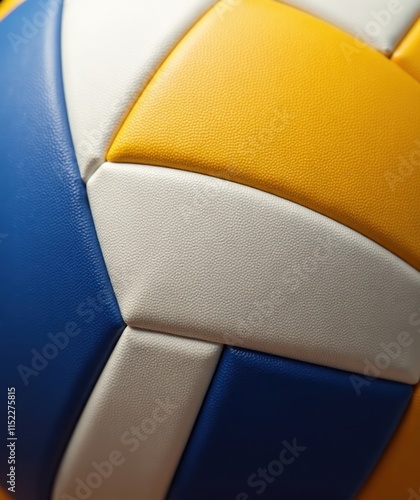 Close Up of Yellow Blue White Leather Volleyball. Perfect for sports-themed projects, educational materials. photo