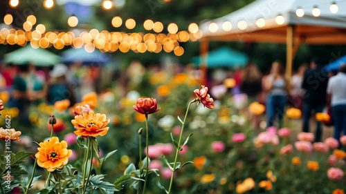 Colorful flowers and festive lights enhance a lively outdoor celebration in a garden setting during the evening