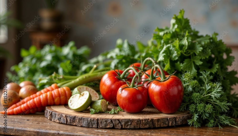 Fresh vegetables arranged on a wooden cutting board with herbs and limes in a cozy kitchen setting Fresh vegetables arranged on a wooden cutting board with herbs and limes in a cozy kitchen setting