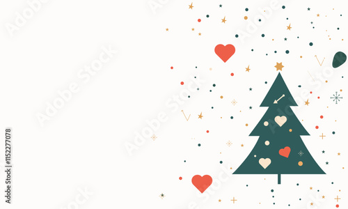 white background with a Christmas tree, hearts, and arrows in a green, red, and gold color scheme, a minimalist design with geometric shapes and lines forming an abstract representation of snowflakes