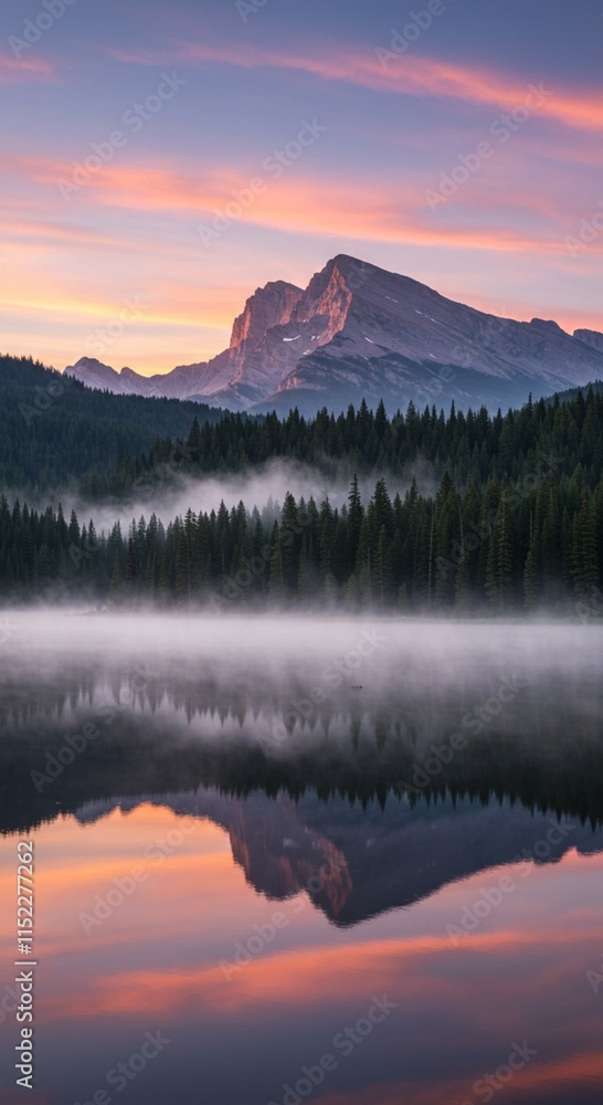 Fototapeta premium Wall art of Serene Mountain Sunrise with Misty Pine Forest Reflections