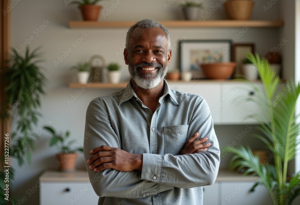 A smiling mature man with grey hair and beard stands in his home. A smiling mature man with grey hair and beard stands in his home.