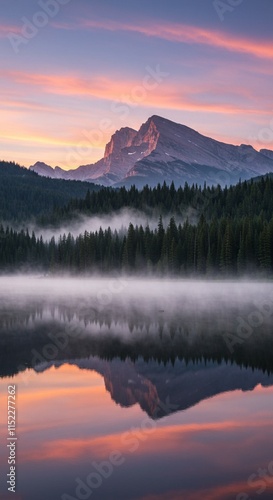 Wall art of Serene Mountain Sunrise with Misty Pine Forest Reflections