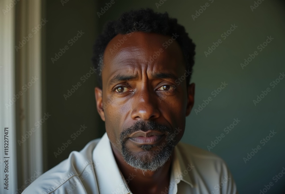 Obraz premium A close up portrait of a middle aged black man with a serious expression.