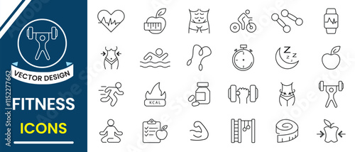 Fitness icon set. Gym and fitness line icon, vector set design for app, website, logo. Physical activity, Gym, exercise, sports equipment, exercises icon. Vector illustration.