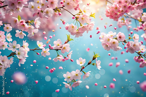 Cherry blossoms in full bloom on a sky-blue background or wallpaper with petals drifting like confetti. photo