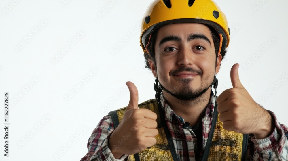 Fototapeta premium Latin worker showing thumbs up with yellow helmet and vest on a white background