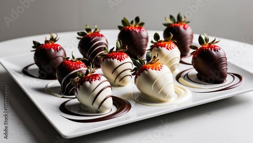 Mini chocolate cheesecakes with berries and ganache on a tray