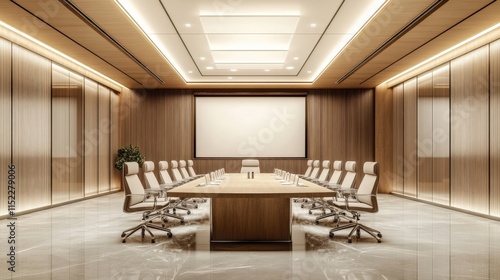 modern conference room with wooden walls and white screen