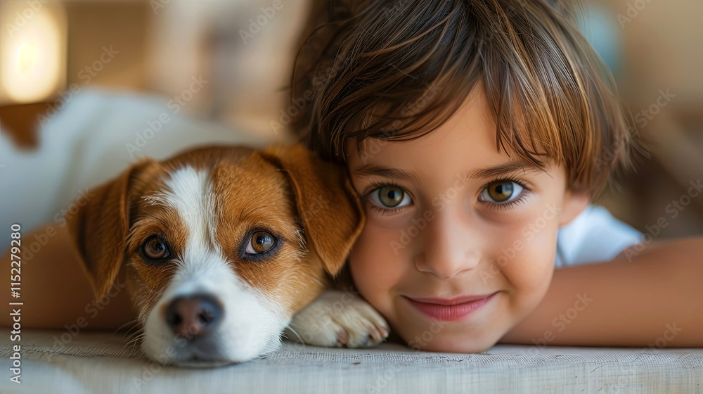 A heartwarming moment captured between a young child and their furry friend A heartwarming moment captured between a young child and their furry friend