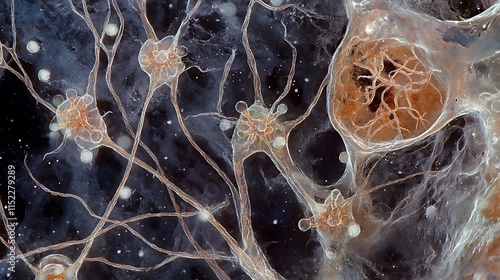 Magnified view of nervous tissue with visible neurons and synapses, a close-up of nervous tissue showing neurons, synapses, and axons with great clarity, captured under a microscope.