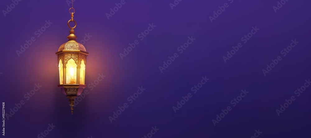 Illuminated Ornate Hanging Lantern Against a Deep Purple Background Creating a Warm and Inviting Atmosphere Illuminated Ornate Hanging Lantern Against a Deep Purple Background Creating a Warm and Inviting Atmosphere