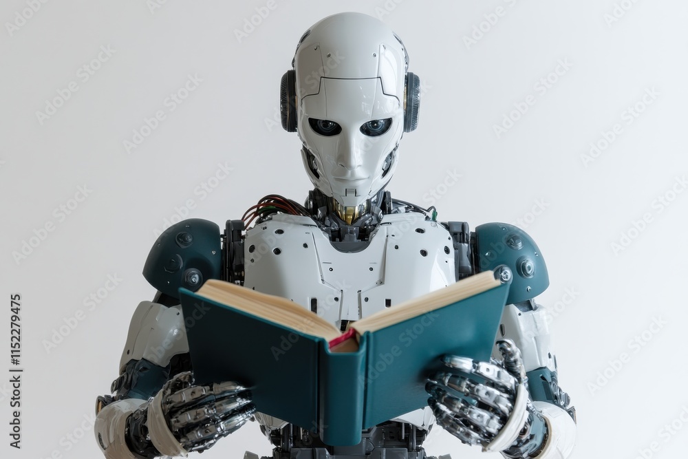 Robotic Figure Holding an Open Book with Both Hands in Studio Lighting Against a Plain White Background for Creative and Educational Uses Robotic Figure Holding an Open Book with Both Hands in Studio Lighting Against a Plain White Background for Creative and Educational Uses