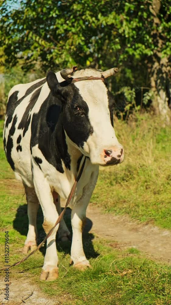 Close up shot of a black and white cow in the meadow, looking at the camera Close up shot of a black and white cow in the meadow, looking at the camera
