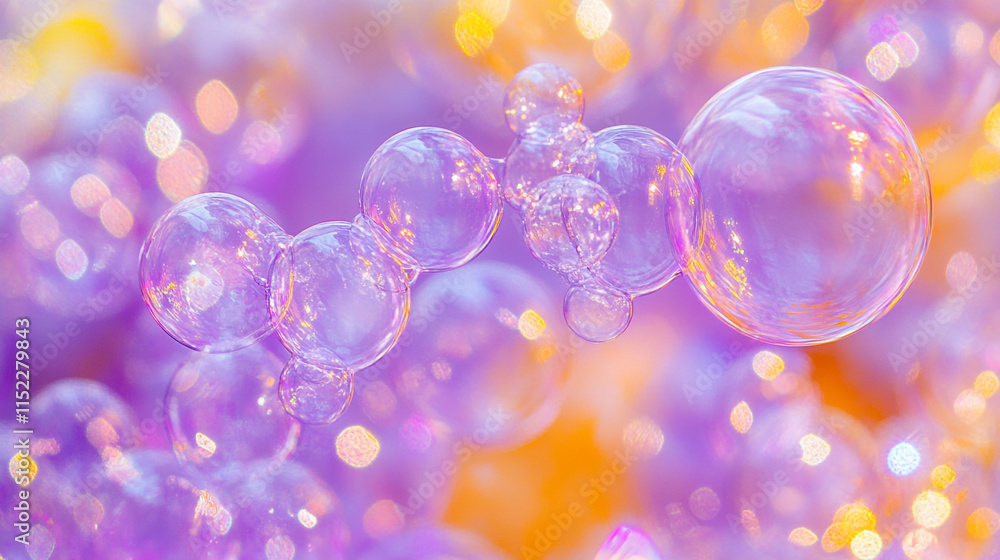 Colorful bubbles float gracefully in a dreamy purple and orange background during a sunny day in spring Colorful bubbles float gracefully in a dreamy purple and orange background during a sunny day in spring