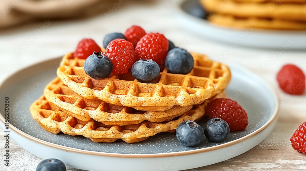 Golden brown oat bran waffles adorned with fresh berries in a rustic kitchen bathed in natural light Golden brown oat bran waffles adorned with fresh berries in a rustic kitchen bathed in natural light
