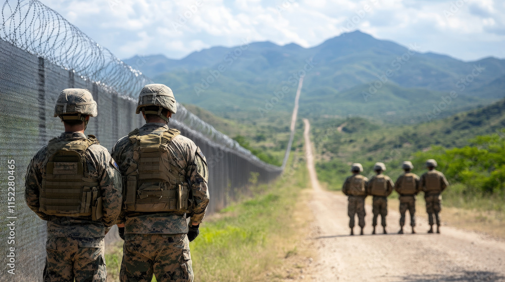 Soldiers Patrol Border Fence on Sunny Day with Mountains in Background, Observing Secure Boundary and Ensuring National Safety in Remote Area Soldiers Patrol Border Fence on Sunny Day with Mountains in Background, Observing Secure Boundary and Ensuring National Safety in Remote Area