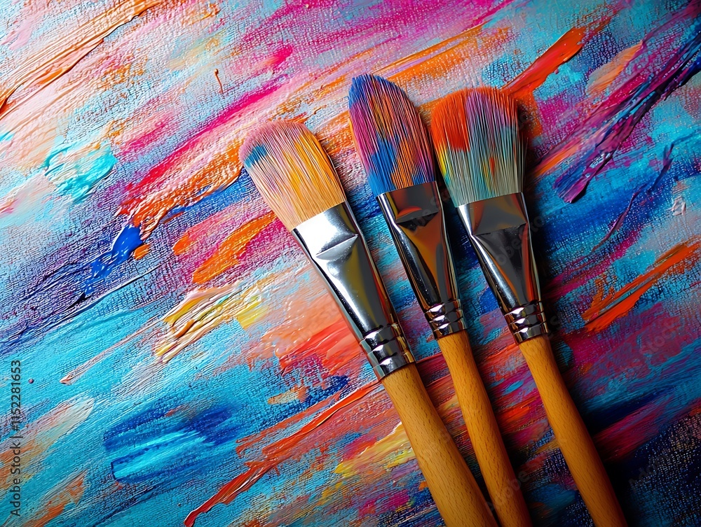Obraz premium Bright splashes of color surround paintbrushes, transforming a blank canvas into an expressive abstract 