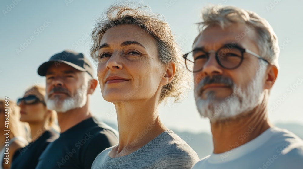 Friendly athletic group of middle-aged individuals enjoying outdoor sports in a minimalist setting Friendly athletic group of middle-aged individuals enjoying outdoor sports in a minimalist setting