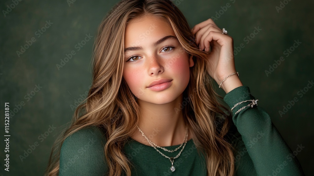 Fototapeta premium Smooth satin green backdrop with subtle metallic highlights, creating a sense of luxury.