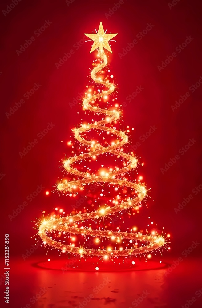 Christmas tree forming from swirling light particles on a red background Christmas tree forming from swirling light particles on a red background