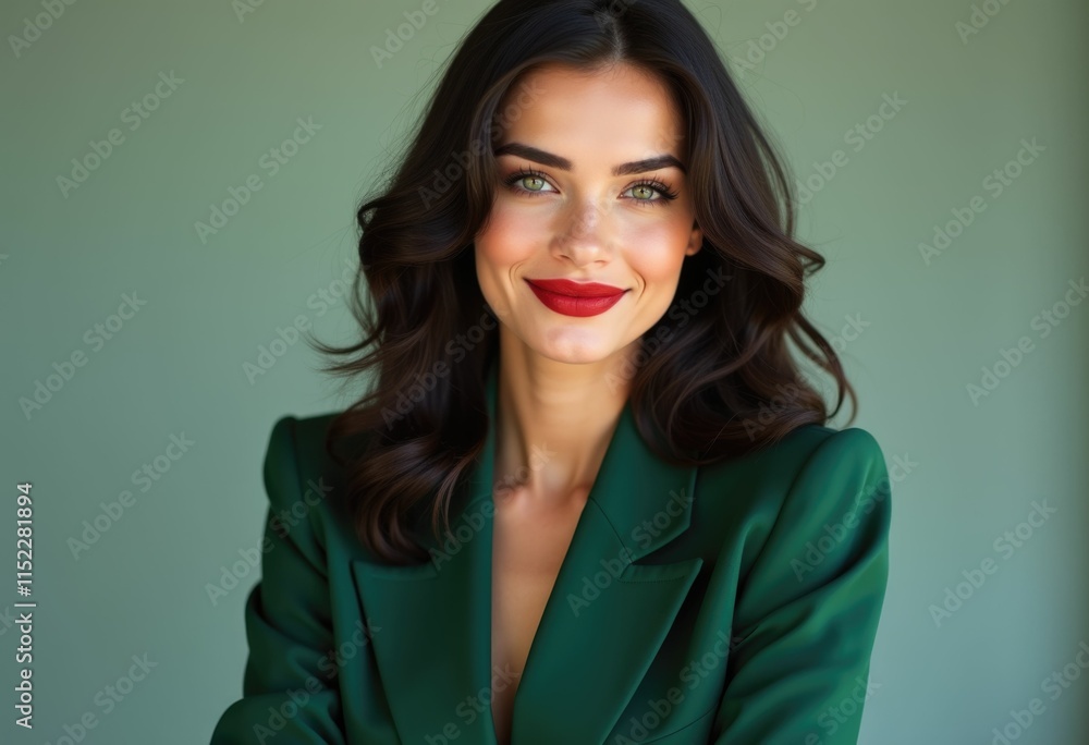 A woman with long dark hair wearing a green blazer smiles with red lipstick. A woman with long dark hair wearing a green blazer smiles with red lipstick.
