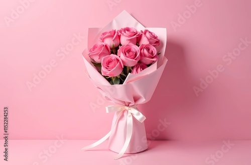 A bouquet of pink roses wrapped in white paper with a ribbon