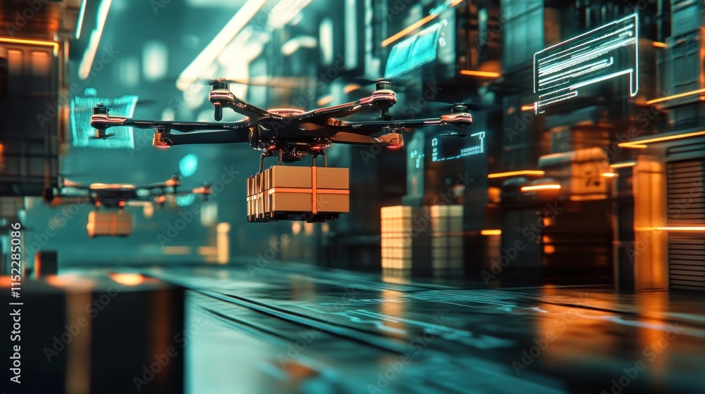 Futuristic drone delivering package in a cyberpunk city. Futuristic drone delivering package in a cyberpunk city.