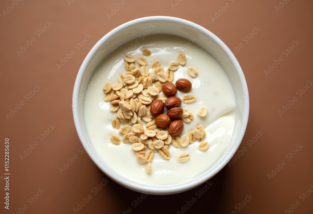 A bowl of yogurt topped with oats and hazelnuts. A bowl of yogurt topped with oats and hazelnuts.