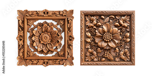 Intricate Floral Wood Carving in Square Frame on a Transparent Background photo