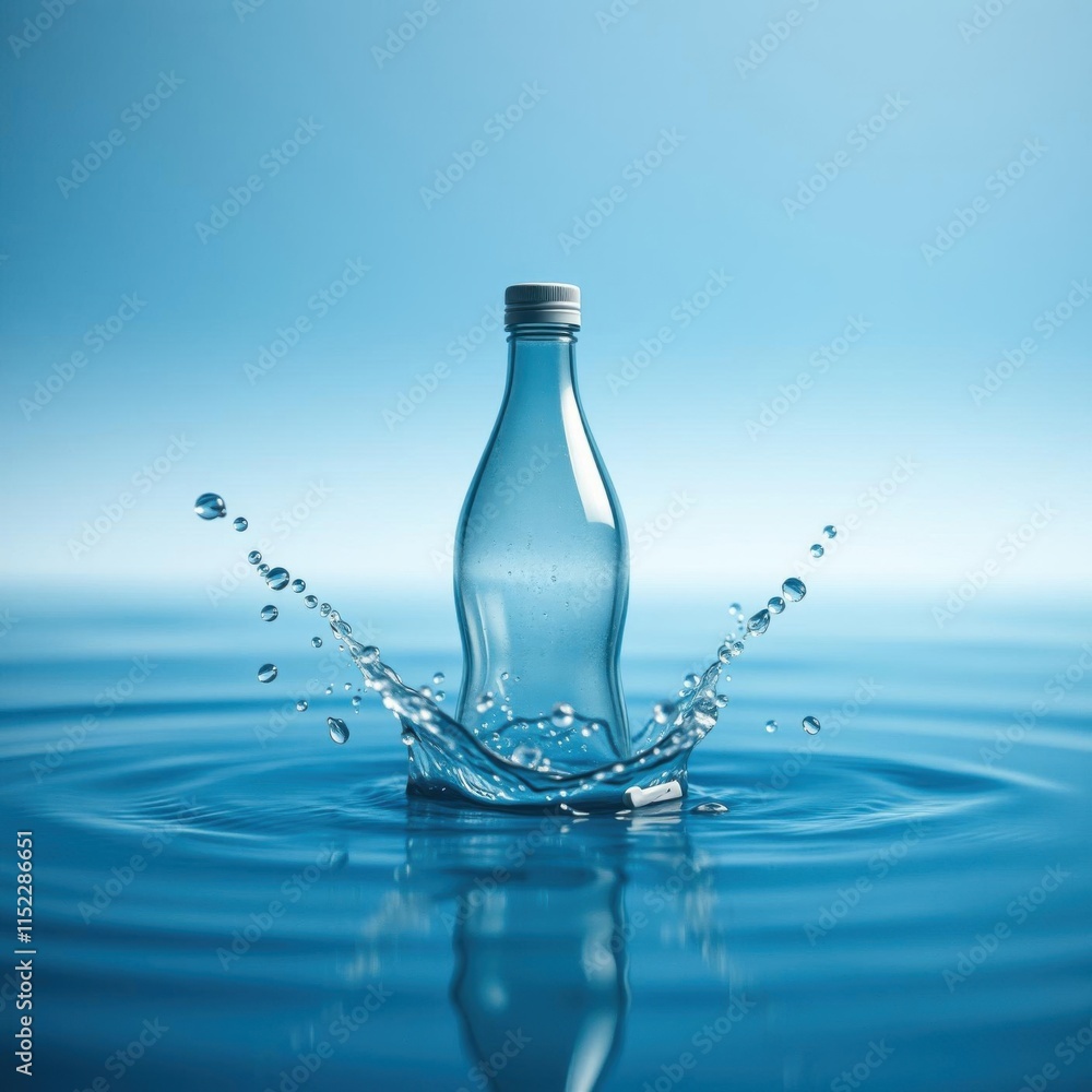 Glass water bottle, splash effect, crystal clear liquid, rippling surface, blue tones, minimalist composition, product photography, high-speed capture, droplets, reflective surface, studio lighting, c Glass water bottle, splash effect, crystal clear liquid, rippling surface, blue tones, minimalist composition, product photography, high-speed capture, droplets, reflective surface, studio lighting, c