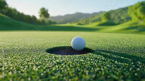 A golf course with a golf ball slowly entering the hole, golf is a very enjoyable social game, perfect for recreation and fun, played on a lush green golf course.