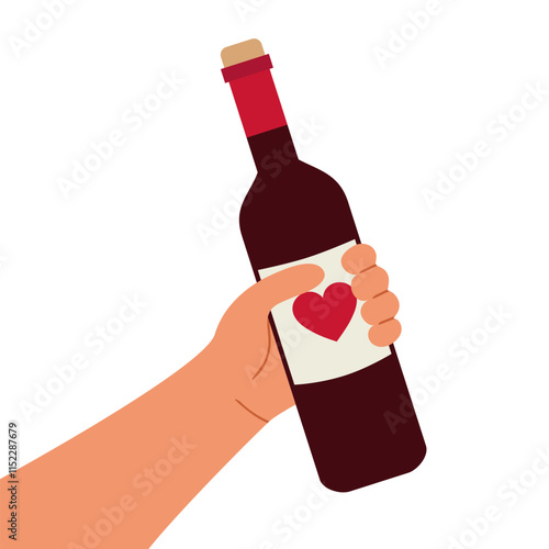 Hand holding a bottle of wine. Valentines Day celebration. Vector illustration isolated on white background.