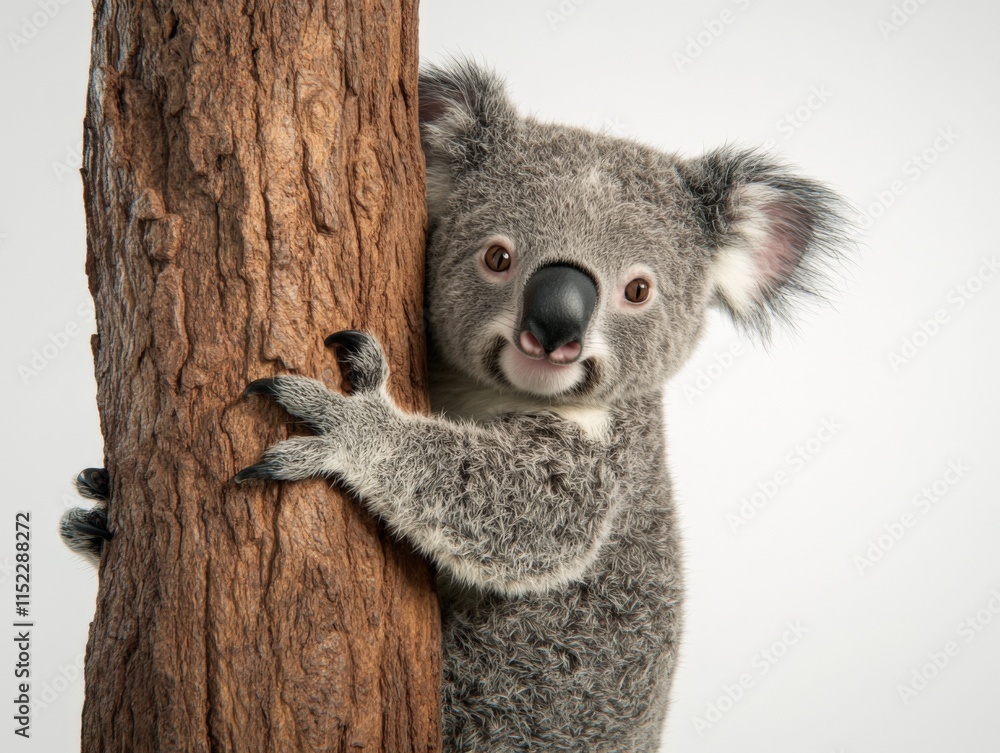 Naklejka premium close up of a koala bear climbing a tree trunk