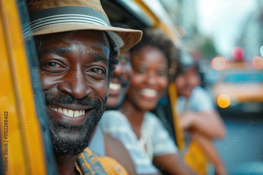 A joyful group enjoying a city ride in a yellow taxi, showcasing smiles and camaraderie. A joyful group enjoying a city ride in a yellow taxi, showcasing smiles and camaraderie.