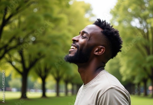 A man with a beard laughs joyfully in a park  eyes closed  surrounded by trees.