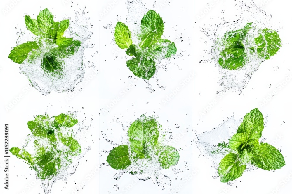 fresh mint leaves with water splash against white background fresh mint leaves with water splash against white background