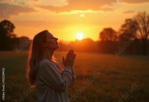 A woman with her eyes closed  praying at sunset in a field.