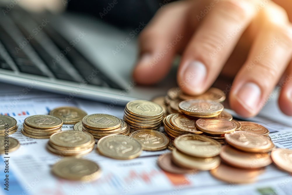 Realistic stock market growth graph with a businessman holding coins and a digital chart, a business concept for a financial diagram or investment mockup design. The businessman's hands are working on Realistic stock market growth graph with a businessman holding coins and a digital chart, a business concept for a financial diagram or investment mockup design. The businessman's hands are working on