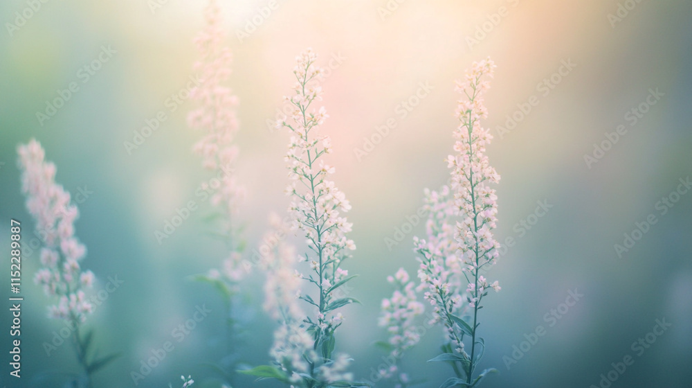 Soft morning light illuminates delicate wildflowers in a serene meadow during springtime Soft morning light illuminates delicate wildflowers in a serene meadow during springtime