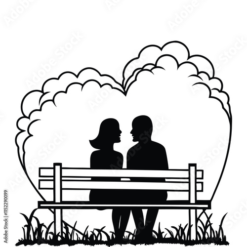 A couple is sitting on a bench black and white silhouette
