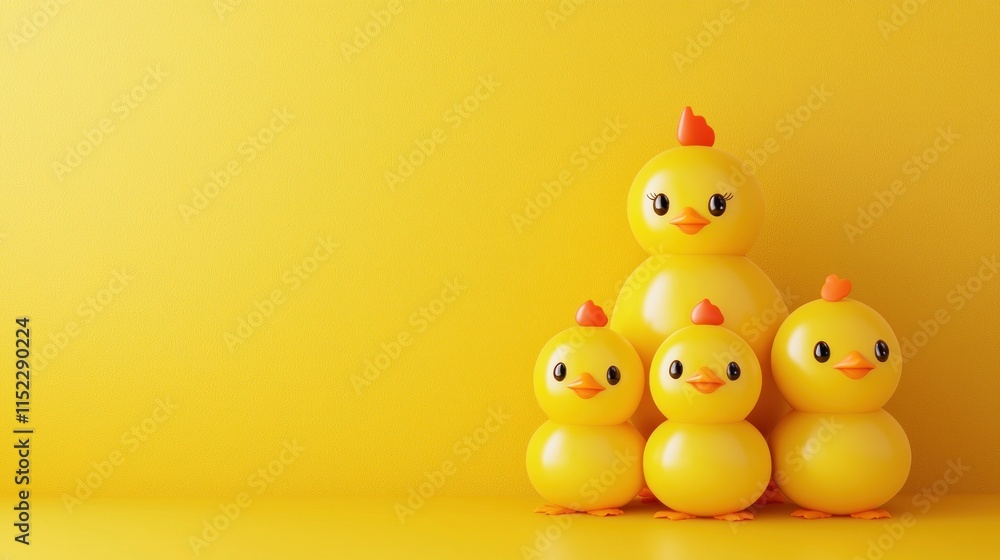 Cheerful yellow ducklings family playful setting digital art bright environment close-up view Cheerful yellow ducklings family playful setting digital art bright environment close-up view
