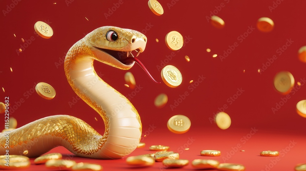 Fototapeta premium Golden snake surrounded by coins fantasy scene vibrant background creative illustration