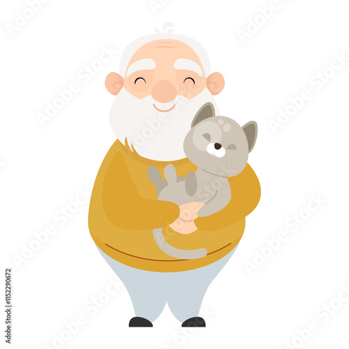 Senior elderly pensioner man holds his pet cat in his arms